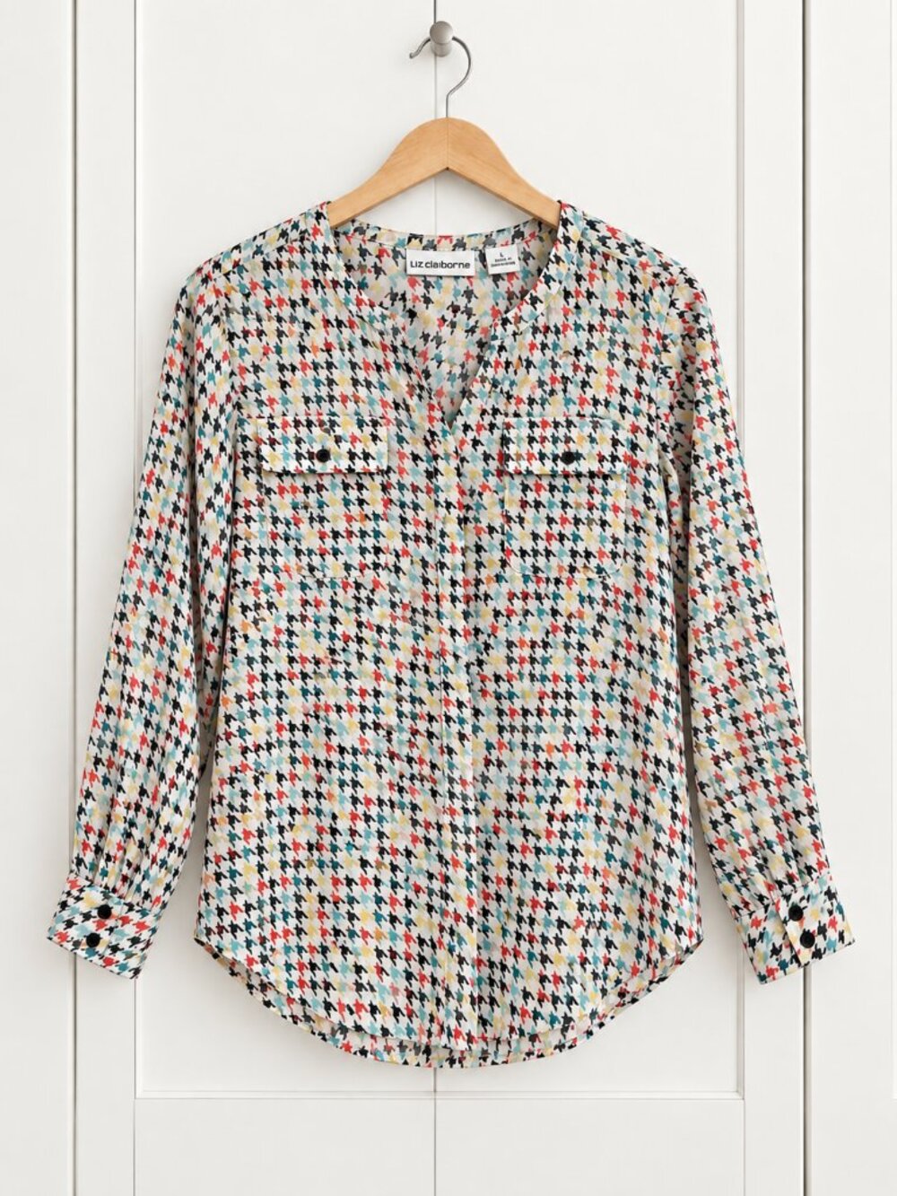 Liz Claiborne Women’s Size Large Multicolor Houndstooth Long Sleeve Blouse
